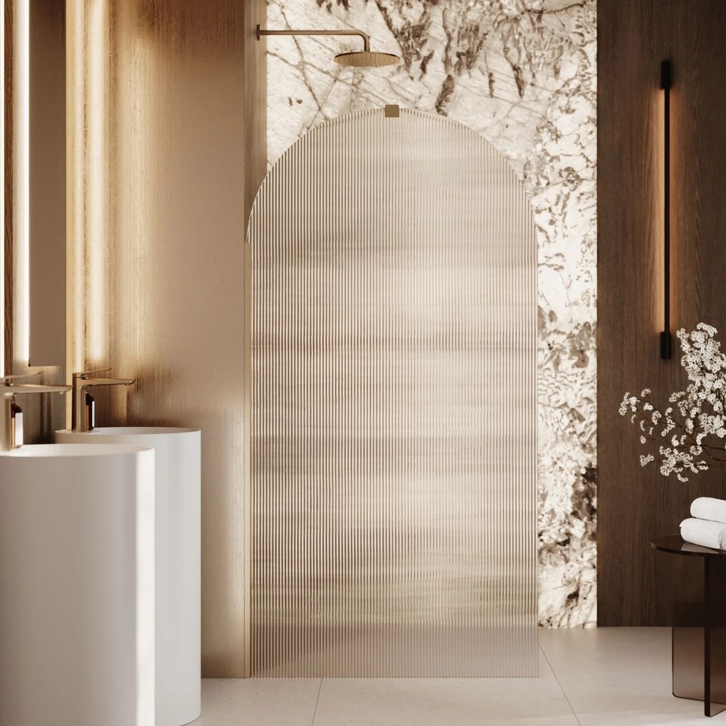 Ścianka prysznicowa WALK IN FIX przezroczysta półokrągła ryflowana 8 mm ARTE WELLE Oval Clear MASSI | Różne rozmiary : Kolor profili kabiny - złoty szczotkowany, Szerokość ścianki - 110 cm , Typ montażu - WALK in FIX (Do ściany)