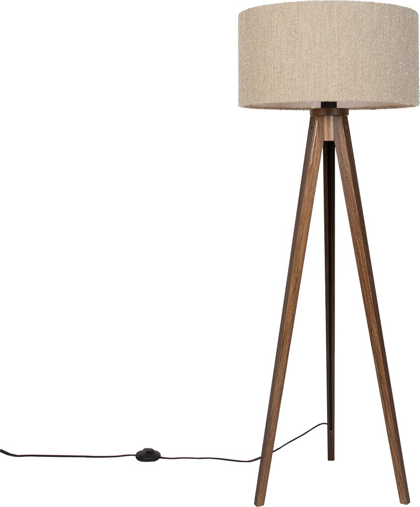 Nowoczesna lampa podłogowa drewno orzechowe z beżowym abażurem bouclé 50cm - Tripod Classic