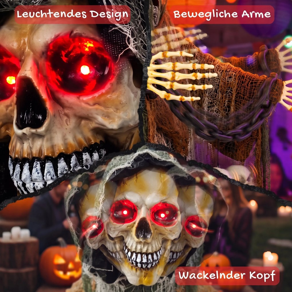HOMCOM Animowany Żniwiarz, 170 cm, animatronika halloweenowa w skali naturalnej z ruchomymi dłońmi/głową, świecącymi oczami i przerażającym dźwiękiem | Aosom PL