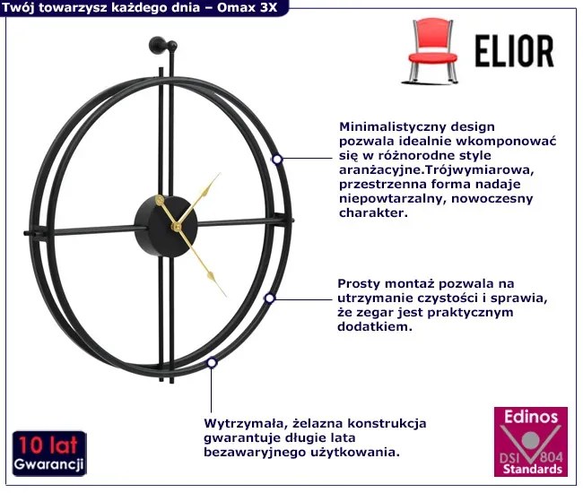 Czarny elegancki zegar ścienny ze złotymi wskazówkami 52 cm - Omax 3X