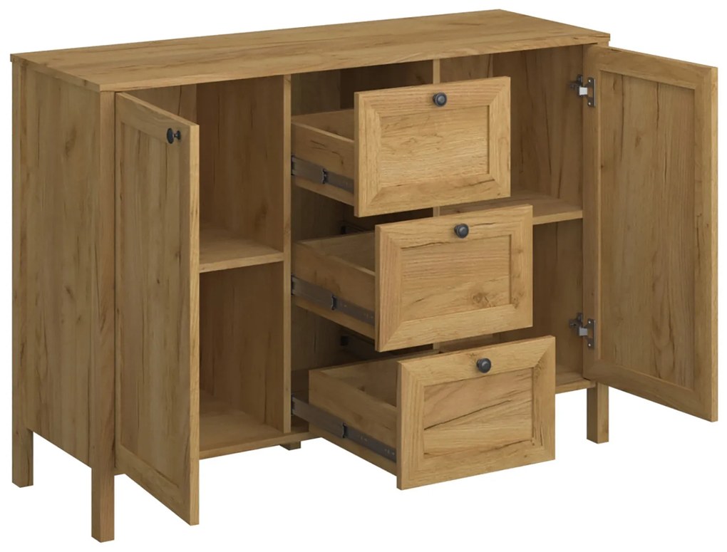 Komoda Dwudrzwiowa z Szufladami Drewniana do Salonu DALE 118 cm Dąb craft złoty Klasyczna
