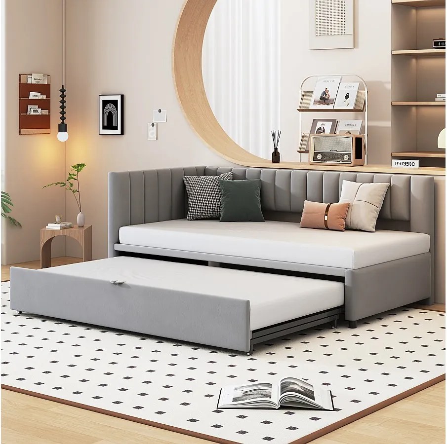 Taczan 90/180x200 cm - szary aksamit - Łóżko dziecięce z tapicerowanym oparciem i stelażem z listew - bez materaca