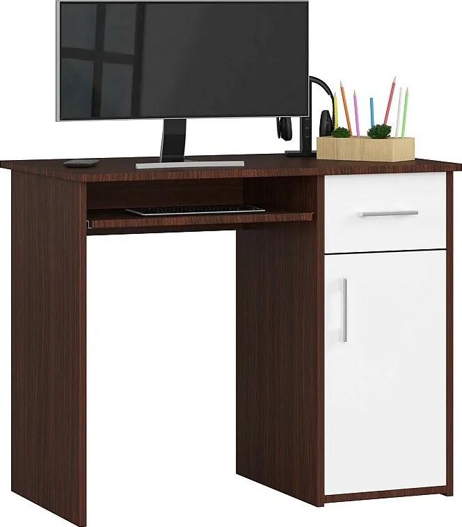 Biurko AKORD PIN Wenge 90 cm biurko komputerowe 1 drzwi 1 szuflada kolor Biały mat 3 półki 90x50x74 cm