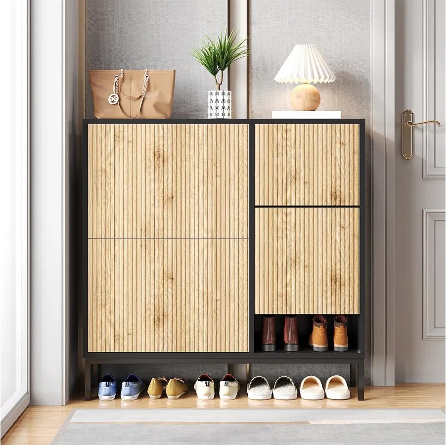 Szafka na buty z 4 drzwiami i przewijakiem - 105 x 25 x 115,5 cm - MDF - Czarny połysk