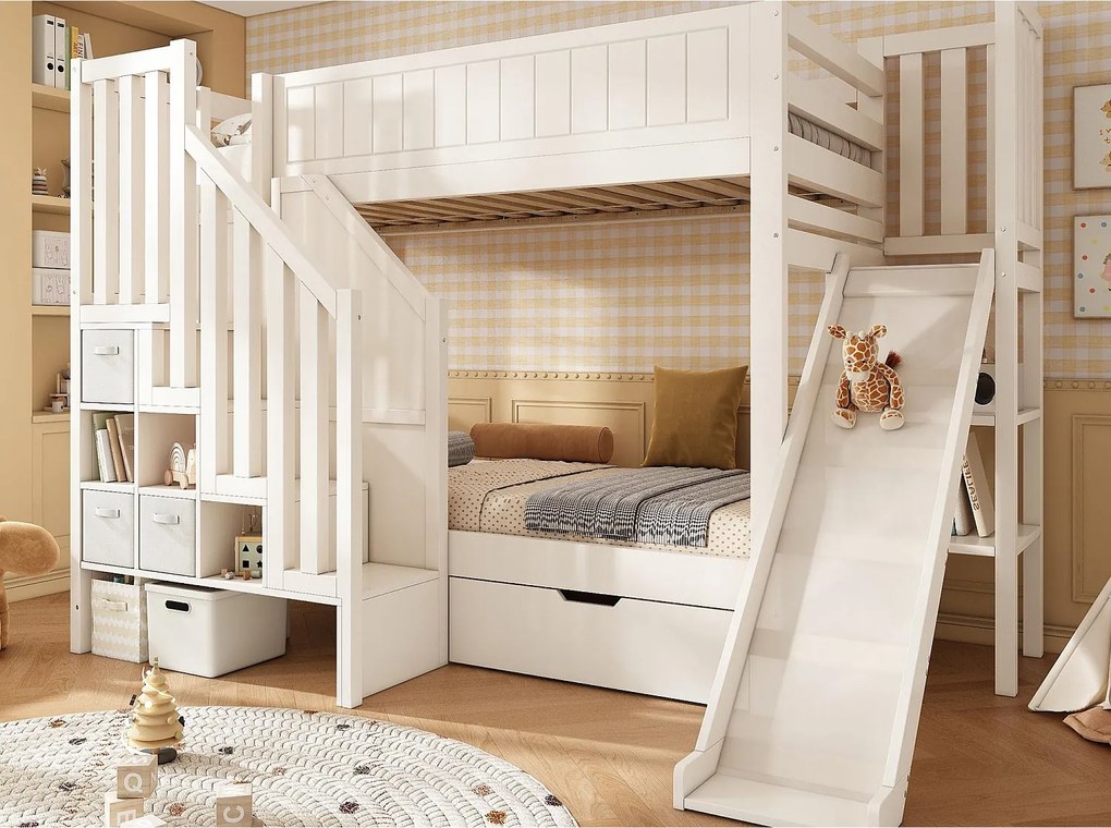 Łóżko piętrowe dla dzieci 90x200cm - ze zjeżdżalnią i drabiną z pojemnikami - z 1 szufladą i otwartymi półkami - Biały​ (materac nie jest wliczony w cenę)