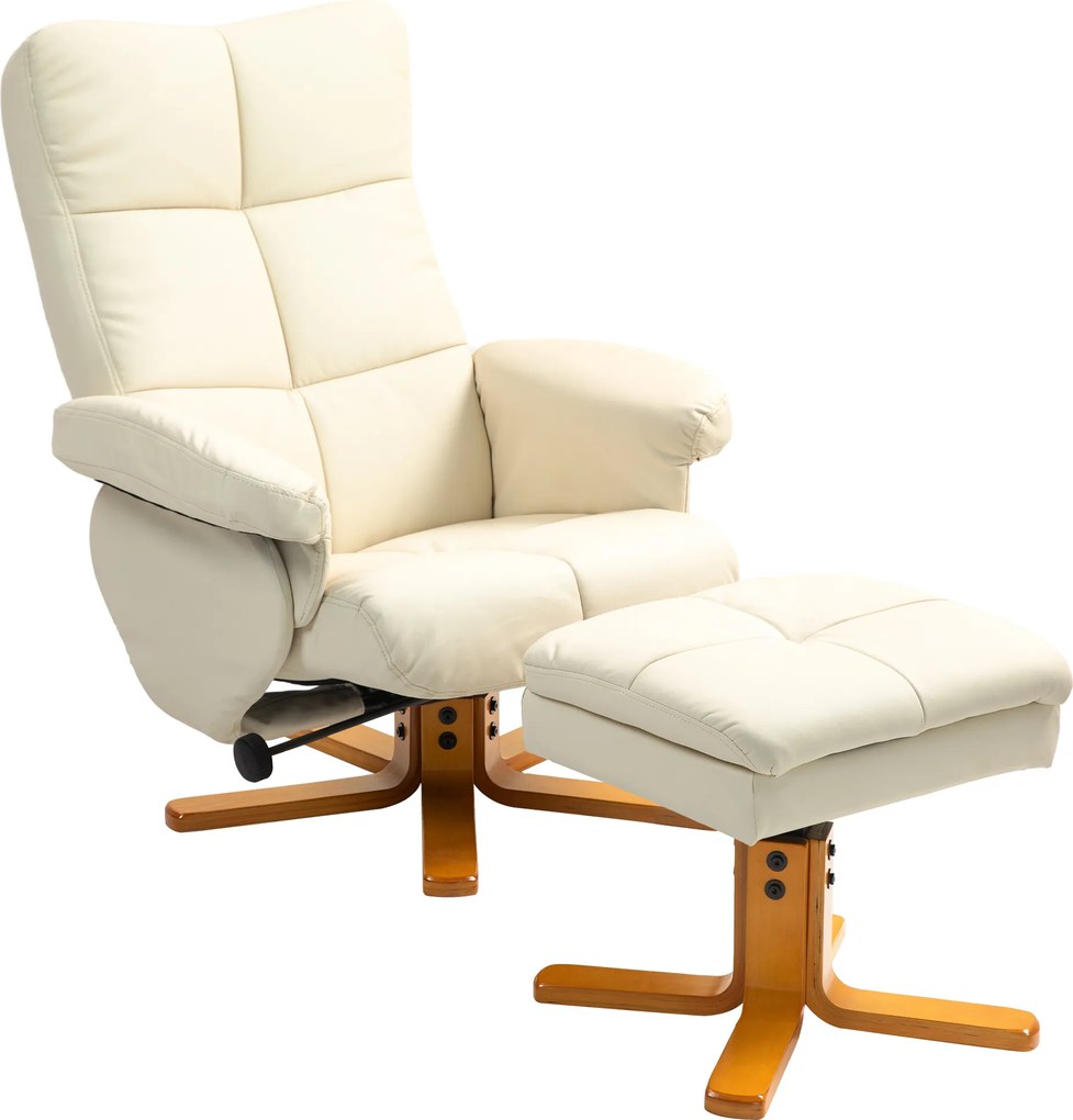 HOMCOM Fotelik relaksacyjny z pufą, oparcie uchylne do 145°, obrotowy o 360°, ekoskóra, kremowy