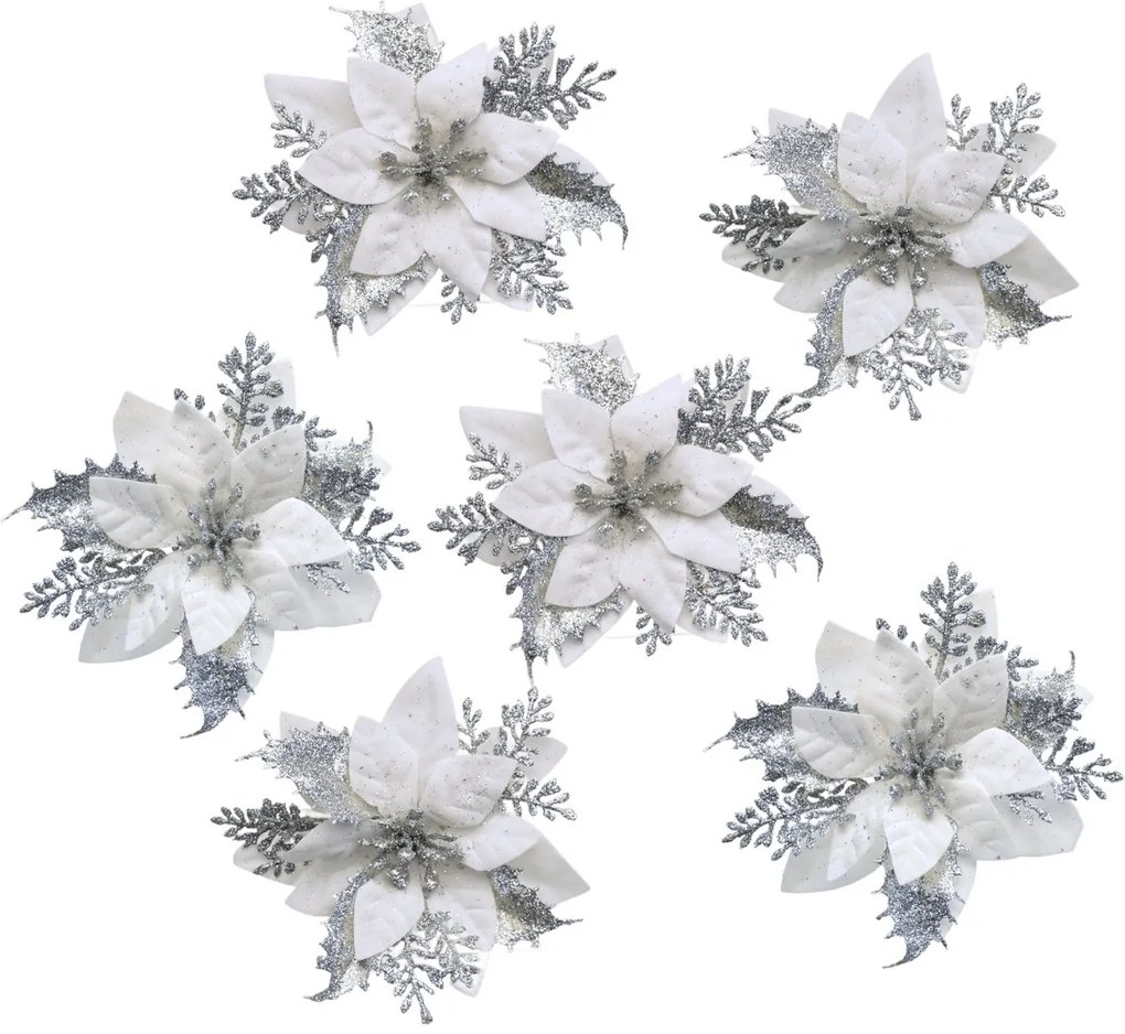 Świąteczna dekoracja Poinsettia z srebrnym klipsem, zestaw 6 szt.