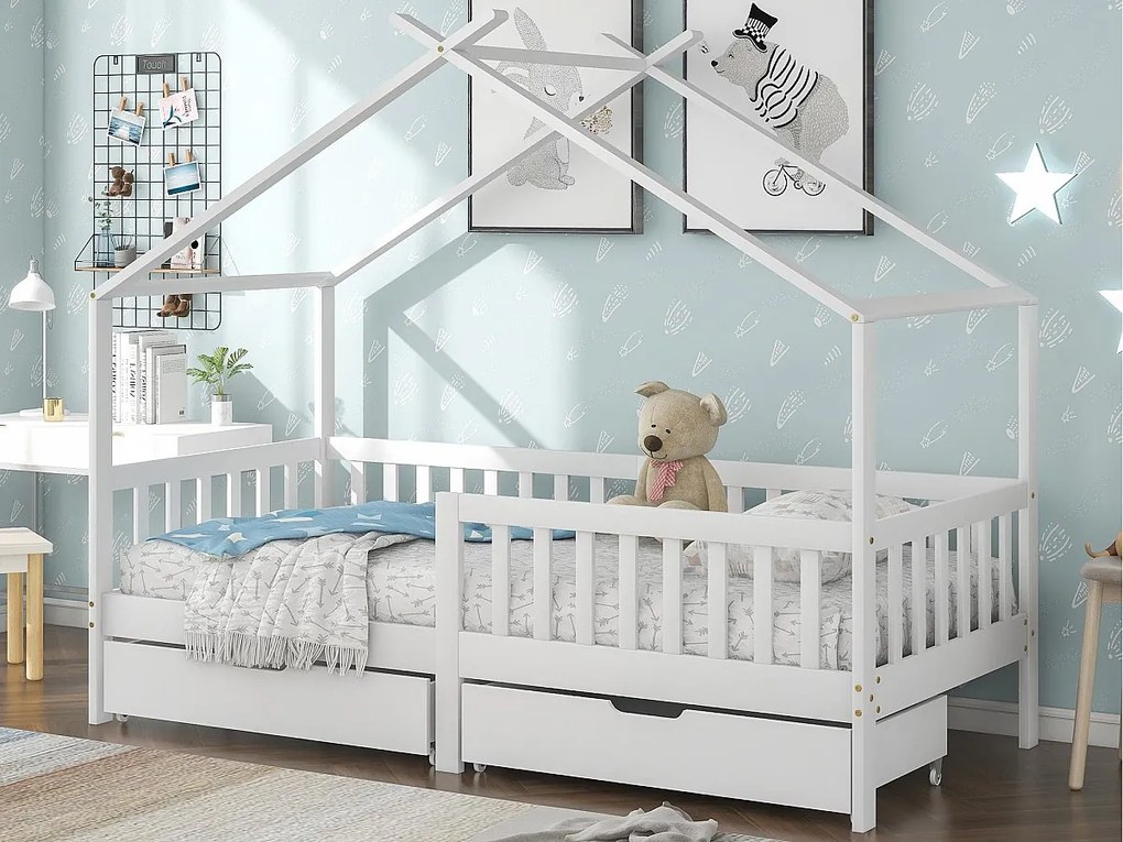 Łóżko domek dziecięcy 90×200 cm - z litego drewna + MDF - z 2 szufladami - z zabezpieczeniem przeciw upadkowym i stelażem listwowym - białe