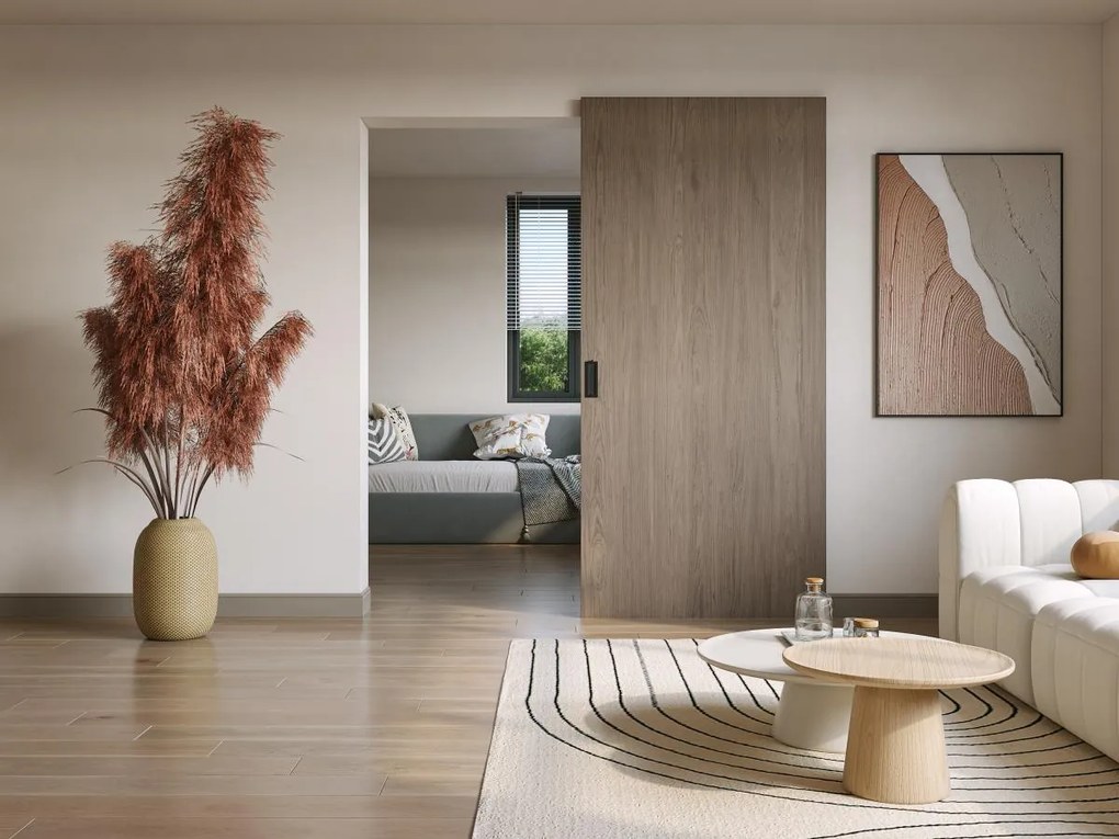 Drzwi przesuwne z drewna i MDF z niewidoczną szyną - Jasny dąb - 83 x 210 cm - BOCAZI