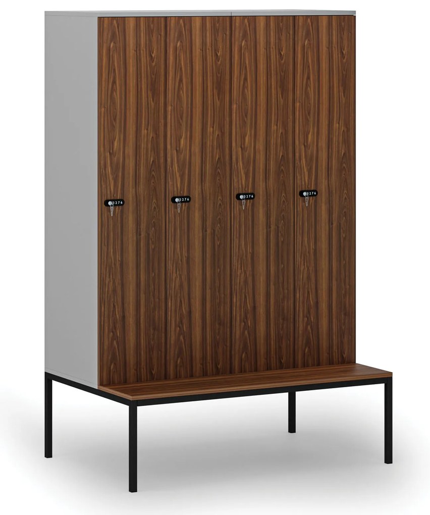 Drewniana szafa ubraniowa S4 z ławką, 4-drzwiowa, 1871 x 1200 x 500/800 mm, demontaż, zamek mechaniczny z kodem, szary/orzech