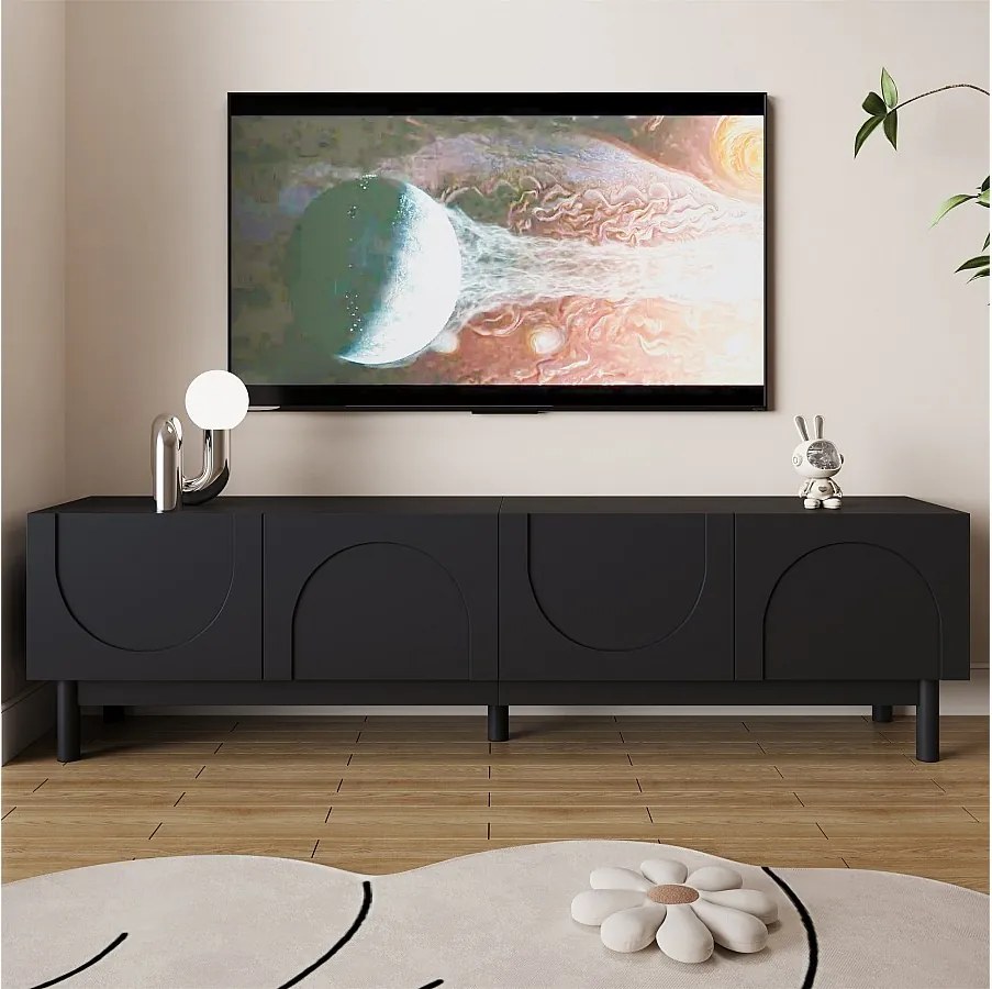 Nowoczesna szafka RTV - 169 x 35 x 45,5 cm - z 4 falistymi, giętymi drzwiami - MDF + płyta wiórowa - czarna