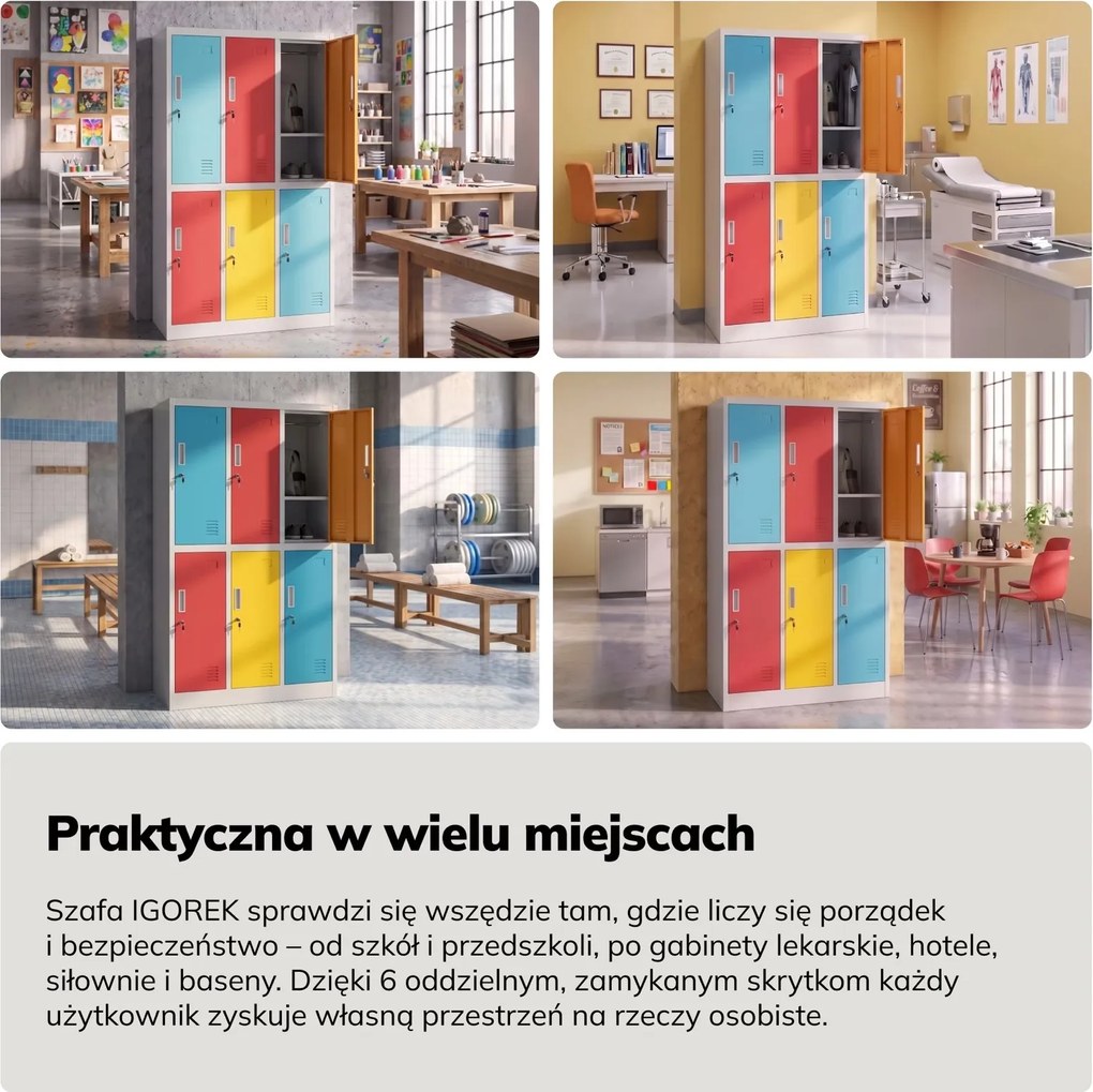 Szatnia szkolna 6-skrytkowa Igorek 90x45x150 cm, wielokolorowa