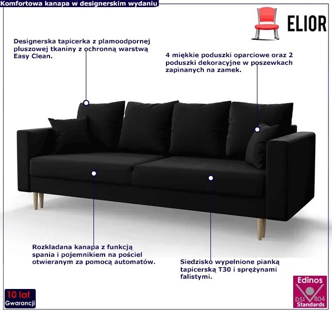 Czarna welurowa sofa rozkładana M8-P88