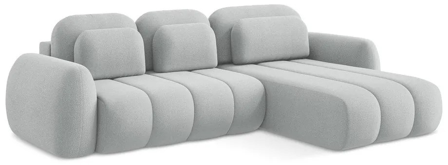 Jasnoszary rozkładany narożnik z materiału bouclé ze schowkiem (prawostronny/z szezlongiem) Pele – Makamii