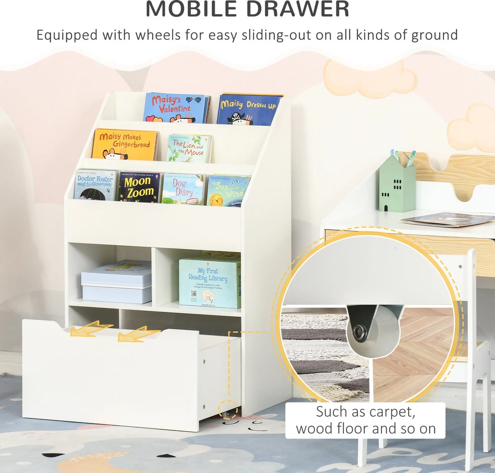 HOMCOM Regał dla Dzieci z Szufladą, Regał na Książki z Półkami, 60 x 29,9 x 90 cm, Biały