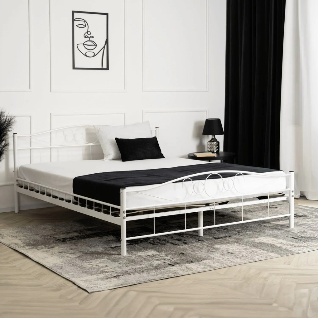 Łóżko Metalowe 160x200 cm ze Stelażem Dwuosobowe GRIFFIN Białe