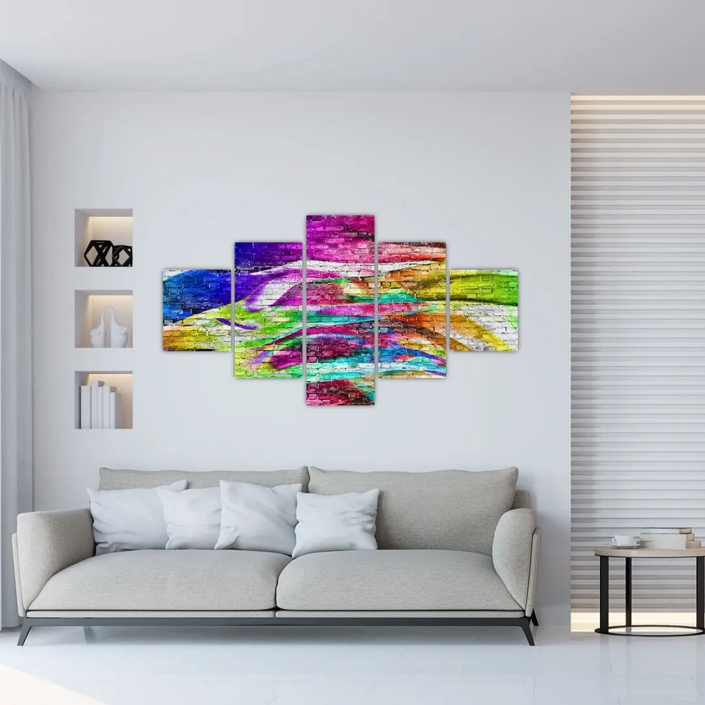 Obraz - Mur z cegły z kolorowymi płomieniami (125x70 cm)