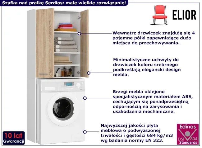 Skandynawska szafka nad pralkę biały + dąb sonoma - Valuro