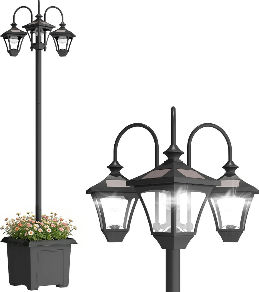 Outsunny Lampa solarna z donicą 185 cm regulowana wysokość lampa ogrodowa z 3 kloszami sterowanie światłem | Aosom PL