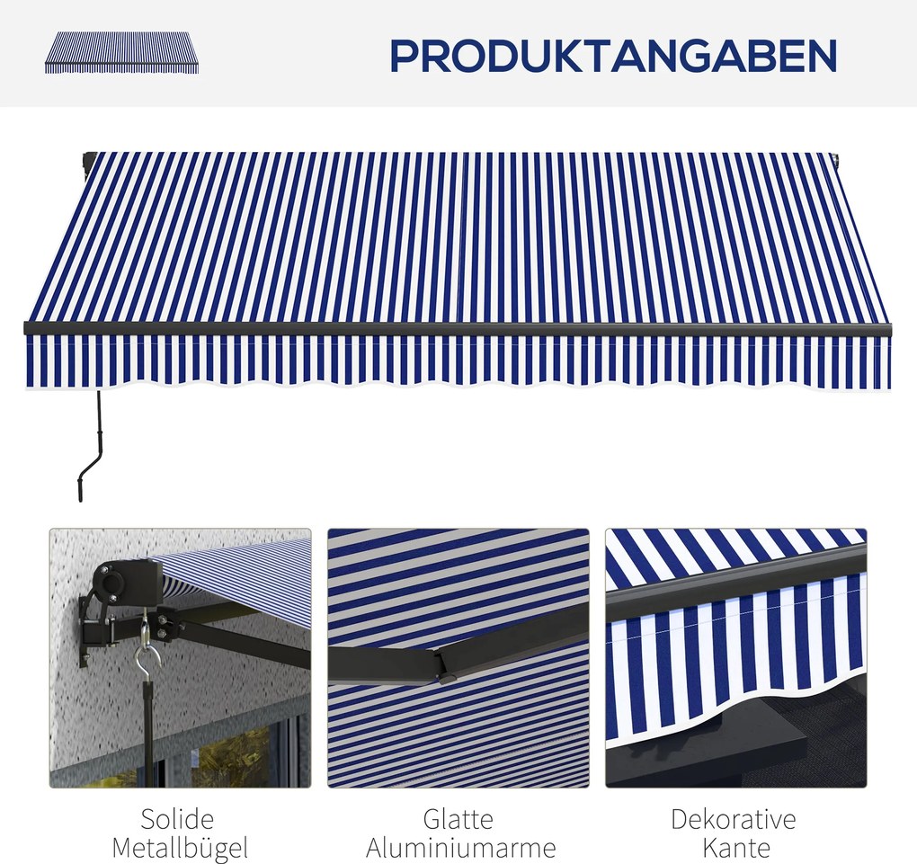 Outsunny Markiza przeciwsłoneczna Markiza Tarasowa, w tym Korba Ręczna, odporna na warunki atmosferyczne, 247 cm x 295 cm, Niebieski + Biały