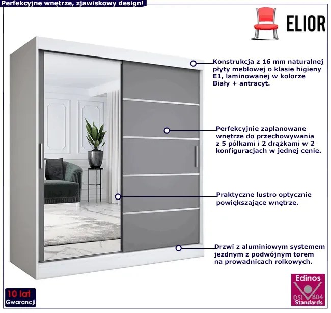 Szafa przesuwna ubraniowa 180 cm biel + antracyt - Ebia 5X