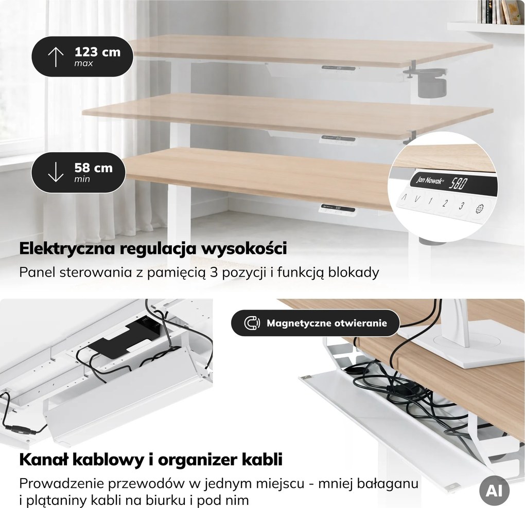Biurko elektryczne z regulacją wysokości ergonomiczne białe/dąb sonoma,1600x800 mm: ARIA