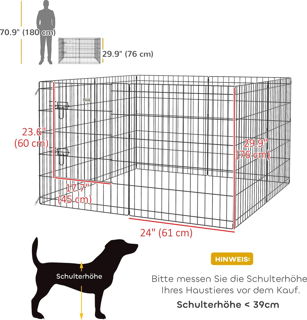 PawHut Wybieg dla zwierząt domowych, zagroda dla szczeniąt i małych psów, z drzwiami, do użytku wewnątrz i na zewnątrz, 76 cm, Czarny