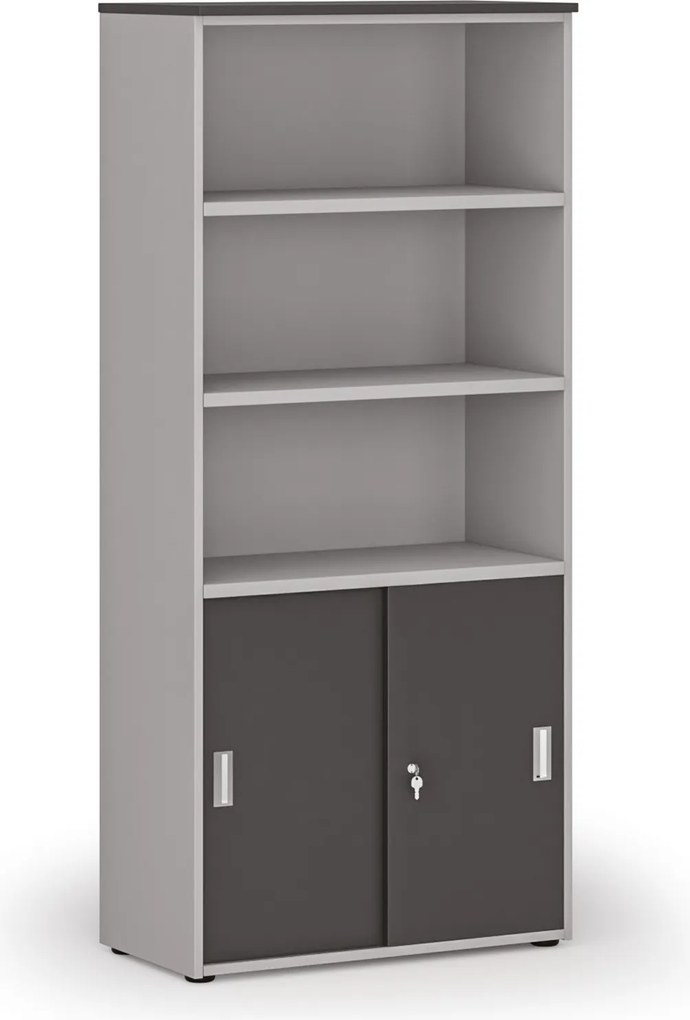 Szafa biurowa kombinowana PRIMO GRAY, drzwi przesuwne na 2 poziomach, 800 x 420 x 1781 mm, szary/grafit