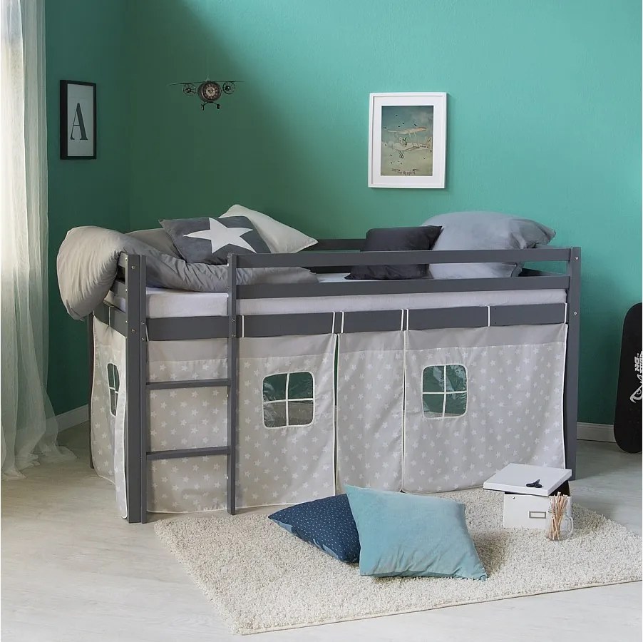 Łóżko dziecięce 90x200 cm szare gwiazdki lite drewno sosnowe zasłona