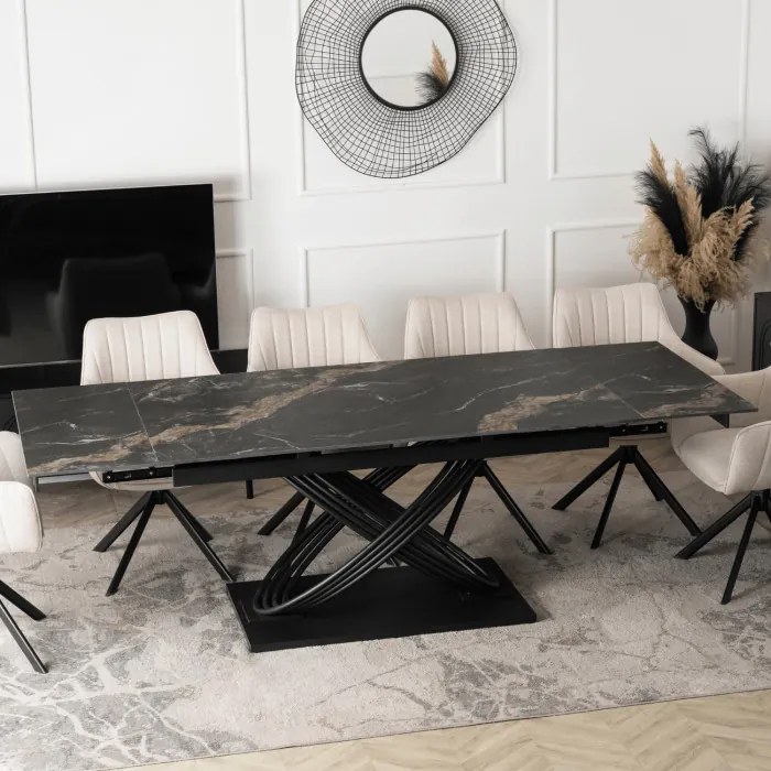 Zestaw Stół Rozkładany IBIZA 160-240 cm Czarny Marmur i 4 Krzesła Tapicerowane MUMBAI Kremowe Nowoczesne