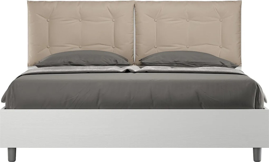 Łóżko wyposażone w stelaż z listwami z pojemnikiem 160x200 Frassino biała poduszkami sztucznej skóry szaro-beżowy Egos Annalisa