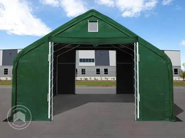 TOOLPORT 8x12m Hala namiotowa - 3 m wysokość ścian bocznych z 4x3,4m bramą, PRIMEtex 2300, ciemnozielony, ze statyką (podłoże betonowe) - (48853)