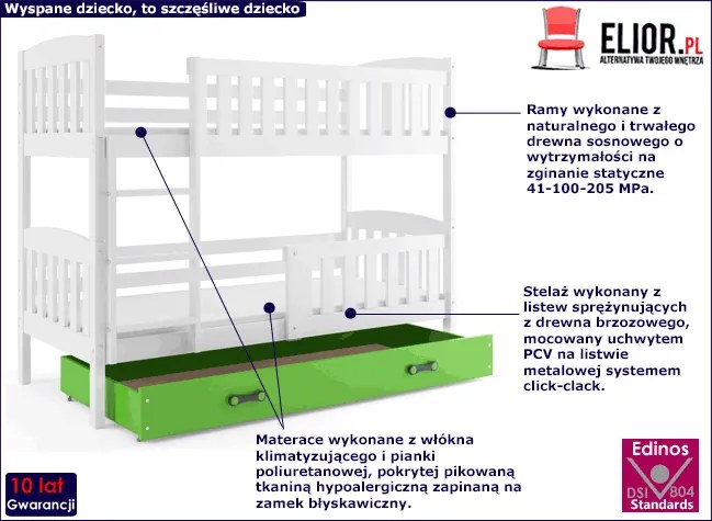 Białe łóżko piętrowe z zieloną szufladą 90x200 - Elize 3X