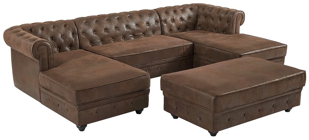 Kanapa narożna wieloosobowa i pufa z mikrofibry z efektem postarzanej skóry - CHESTERFIELD