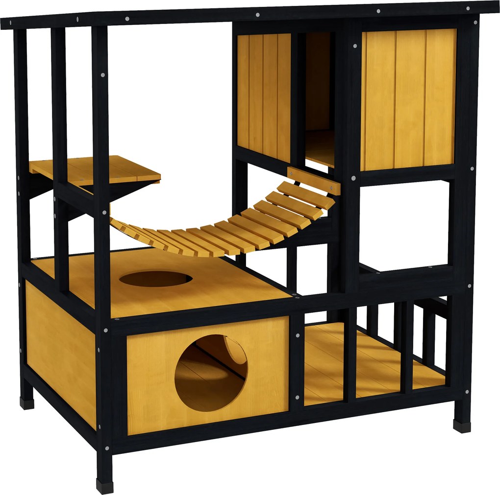 PawHut Dom dla Kotów Kocia Jama, odporny na warunki atmosferyczne, 1 rampa, 1 platforma, 84,5 x 60 x 88 cm, Zielony + Naturalny