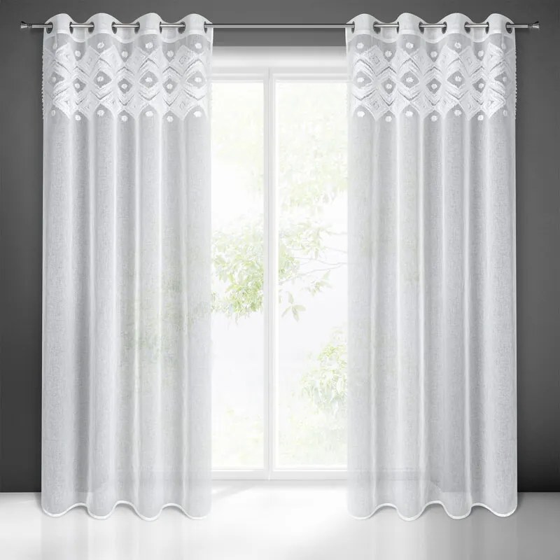 Zasłona gotowa biała na przelotkach wzór 3D aplikacja boho 140x250 cm