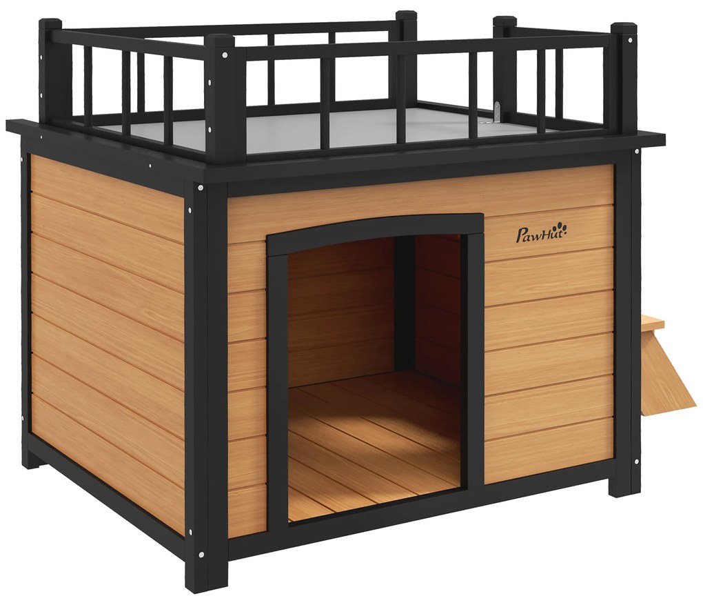 PawHut Domek dla psa z tarasem dachowym, odporny na warunki atmosferyczne, Drewno, 121x77x78cm, Czarny/Żółty