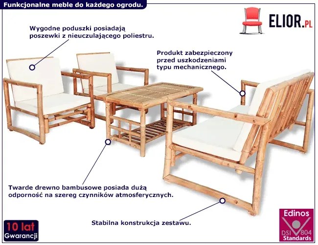 Zestaw bambusowych mebli ogrodowych z poduszkami - Derpox 3X