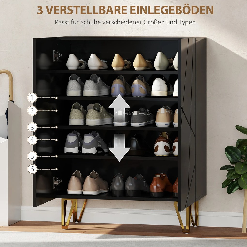 HOMCOM Szafka na buty z 2 drzwiami, regał na buty, przechowywanie butów z 3 regulowanymi półkami 72 x 31,5 x 95 cm, Czarny