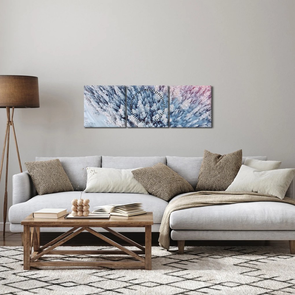 Obraz ośnieżonych drzew (z zegarem) (90x30 cm)