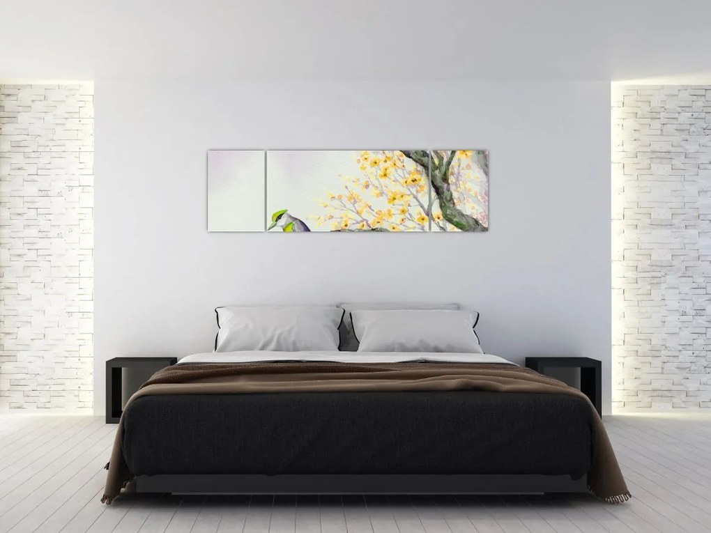 Obraz - Akwarelowy ptaszek na drzewie (170x50 cm)