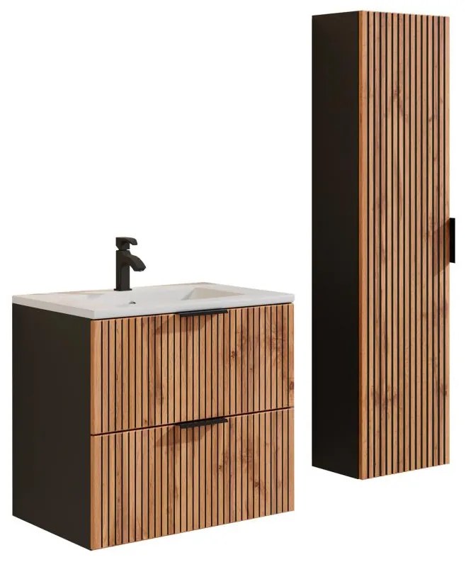 Szafka łazienkowa wisząca ryflowana z umywalką wpuszczaną w blat i słupkiem - Naturalny jasny i czarny - 60 cm - MADELA