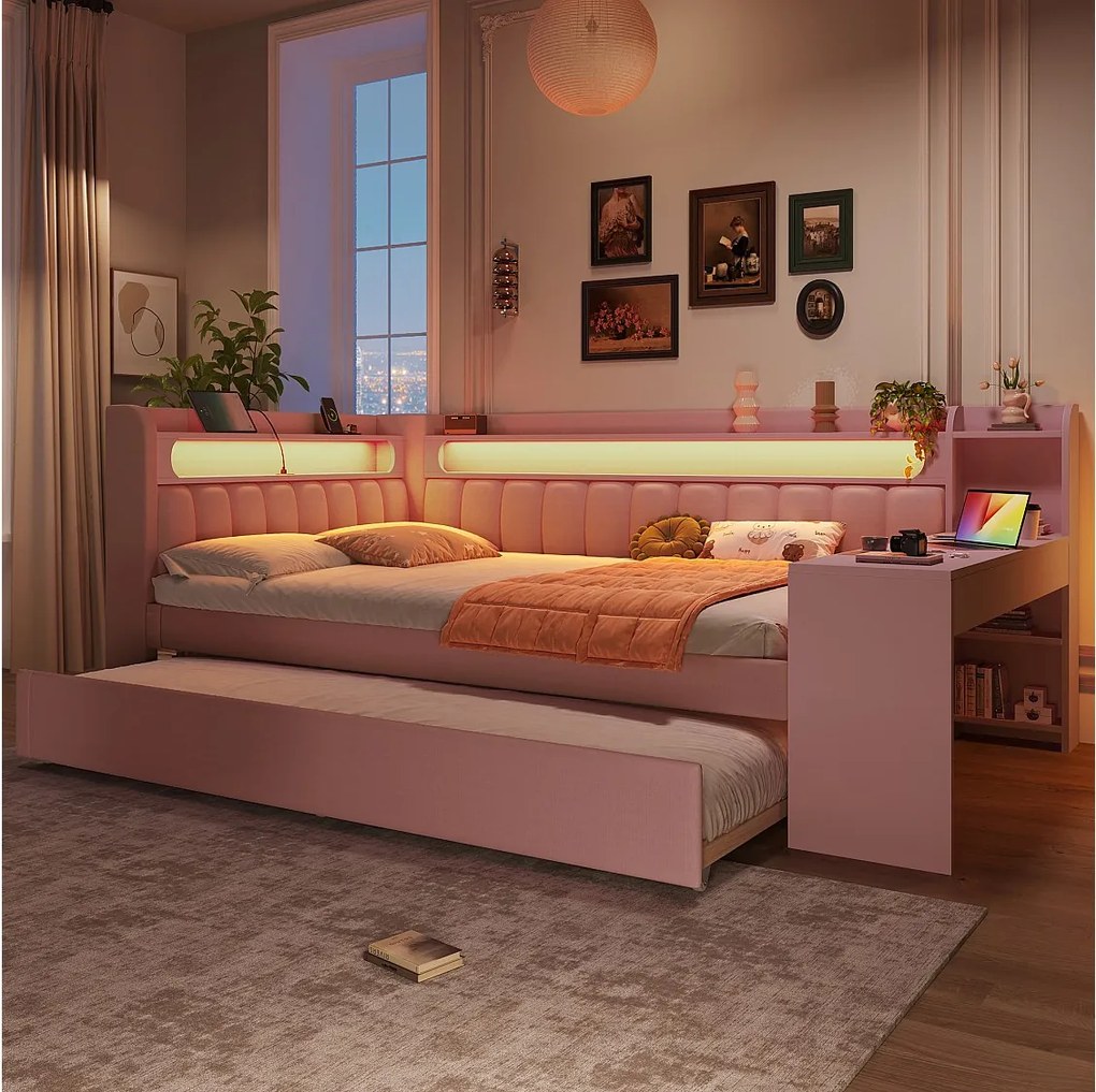 Sofa dziecięca rozkładana - 140 x 200 cm - z łóżkiem wysuwanym 90 x 190 cm + z oświetleniem LED + biurko + schowek - płyta MDF + len - różowa