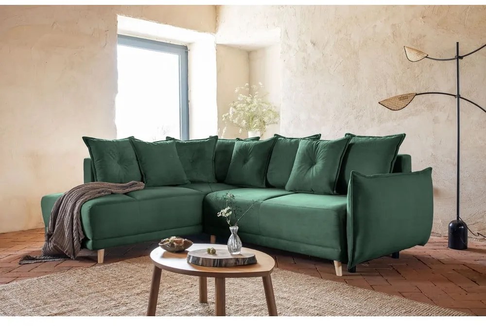 Zielony sztruksowy rozkładany narożnik (lewostronny) Lazy Lukka – Miuform