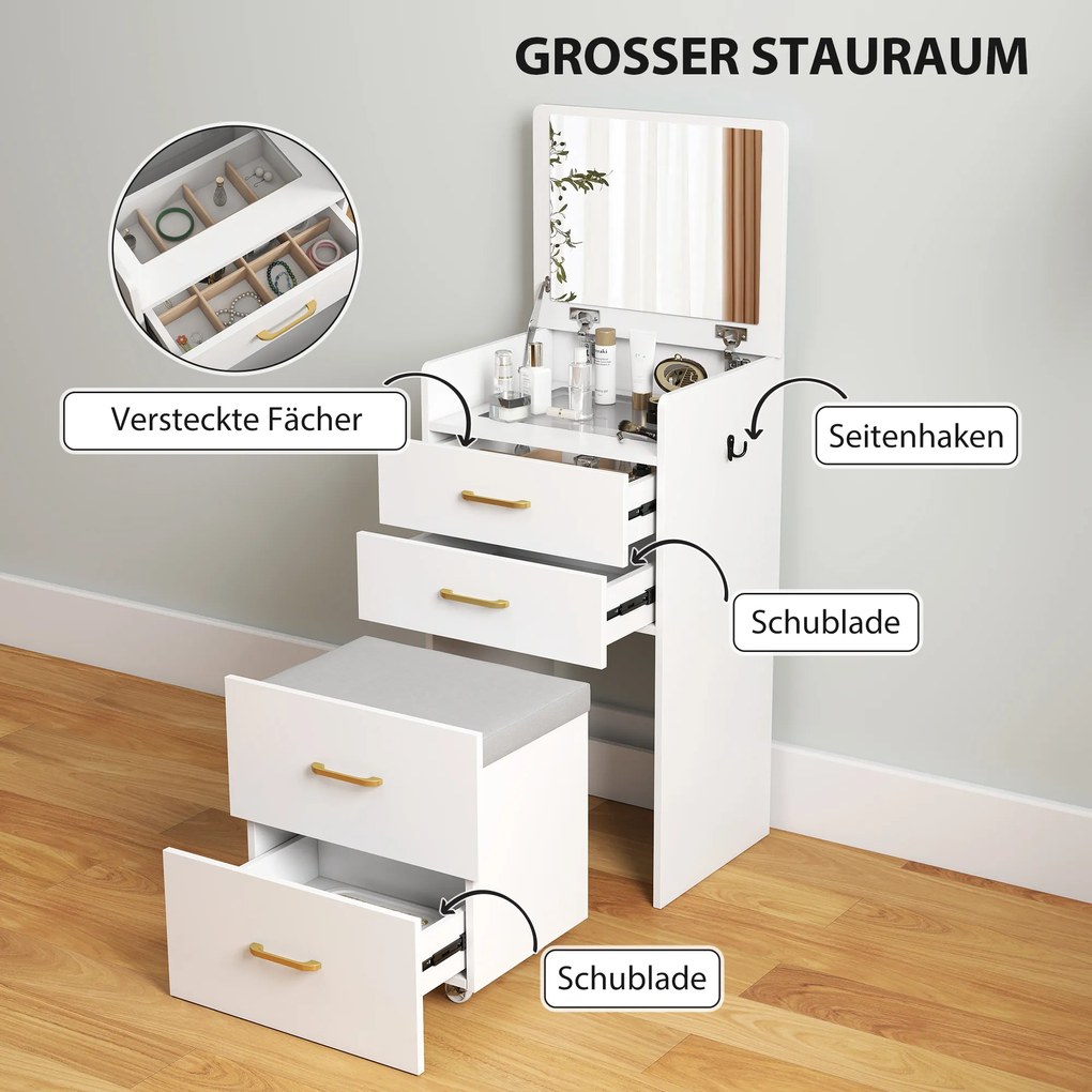 HOMCOM Toaletka 3-w-1 z lustrem, stolik nocny, hoker na kółkach, szuflady, Biały