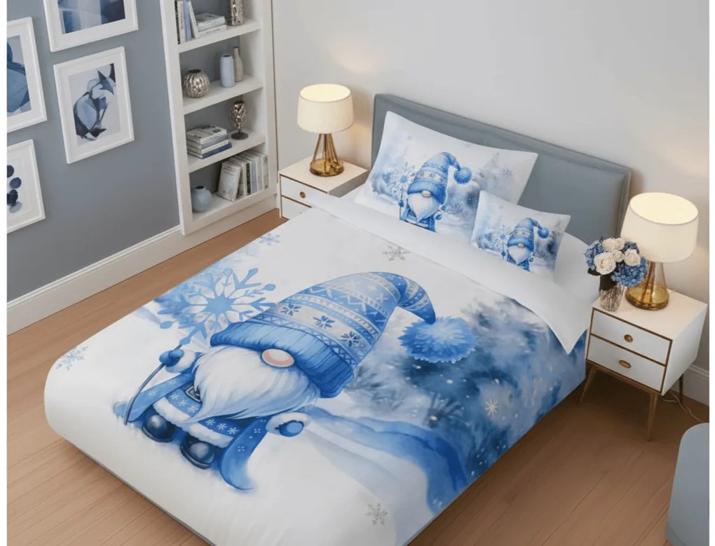 PrzytulneMieszkanie.pl PrzytulneMieszkanie.pl Pościel z mikrosatyny BLUE GNOME biała + poszewka na poduszkę 45 x 45 cm gratis Rozmiar pościeli: 70 x 90 cm | 140 x 200 cm