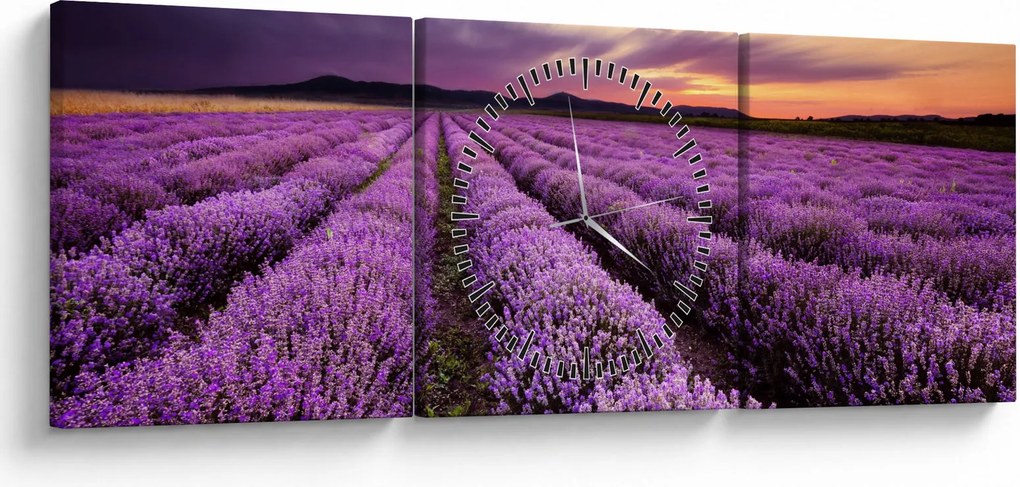 Obraz - Pole lawendy o zachodzie słońca (z zegarem) (90x30 cm)