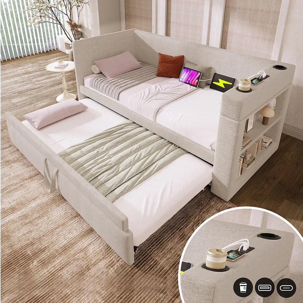 Leżanka 90x190 cm, beżowy len, łóżko wysuwane z ładowaniem USB, uchwytem na kubek i półką, bez materaca