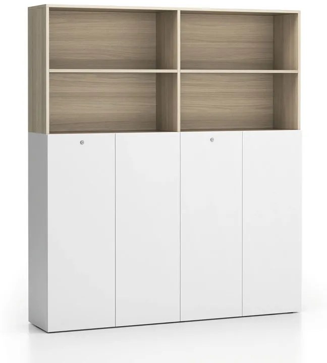 Szafa biurowa podwójna SEGMENT 2-drzwiowa, zamykana, 8 półek, biały / naturalny dąb