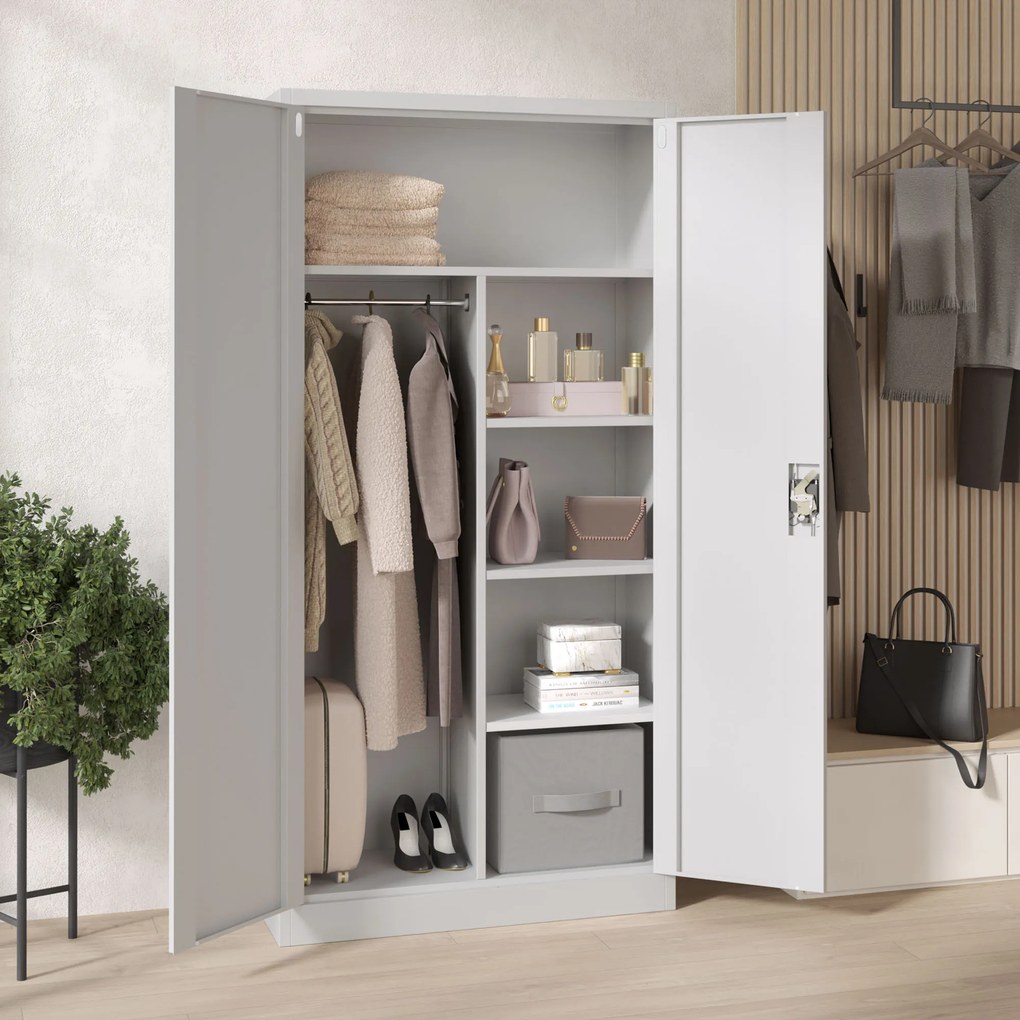 Szafa metalowa ubraniowa z półkami DAWID, 900 x 1850 x 450 mm, szara